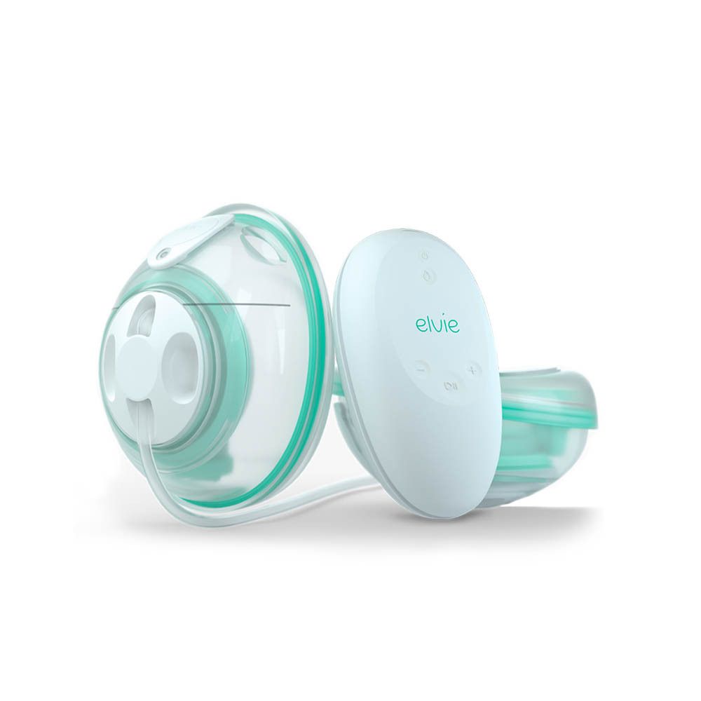 Pompe double Elvie Stride. Deux téterelles, un moteur et un câble. Couleurs vert clair et blanc.