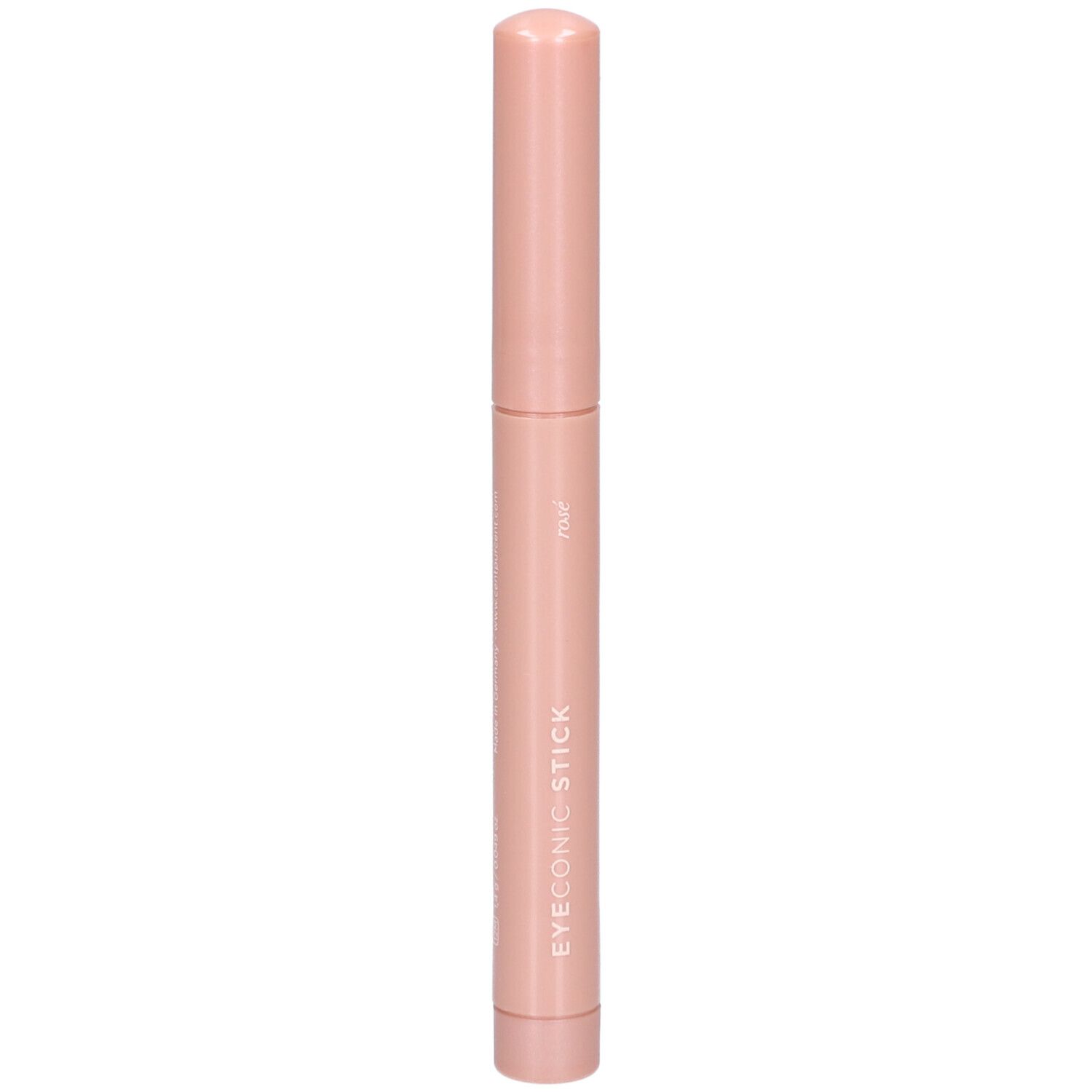 Bâton cosmétique rose avec inscription EYEONIC STICK. Forme cylindrique avec extrémités arrondies. Logo sur le bâton.