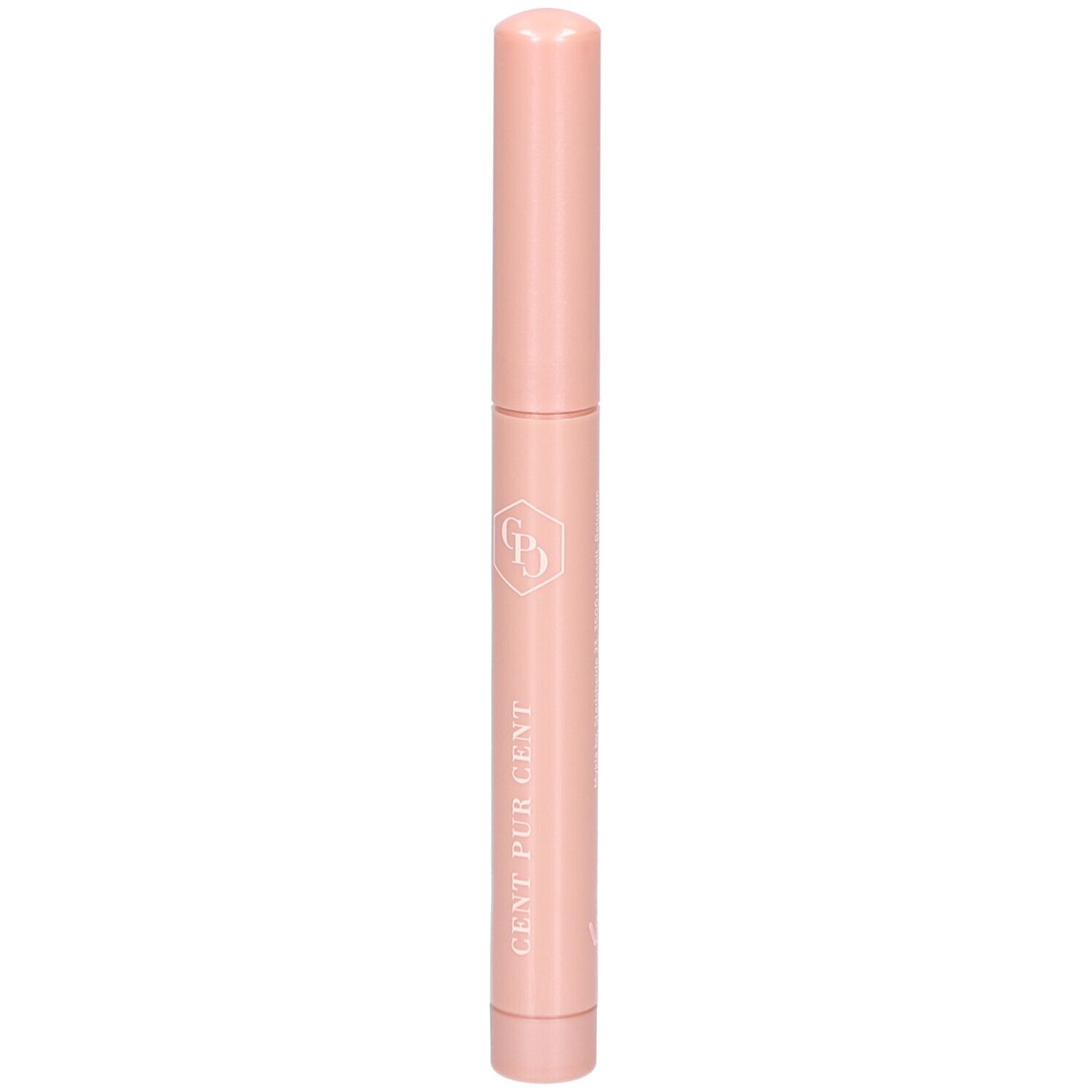 Bâton cosmétique rose avec inscription CENT PUR CENT. Forme cylindrique avec extrémités arrondies. Logo sur le bâton.