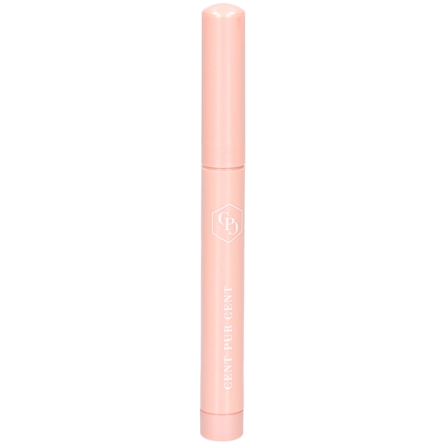Bâton cosmétique rose avec inscription CENT PUR CENT. Forme cylindrique avec extrémités arrondies. Logo sur le bâton.