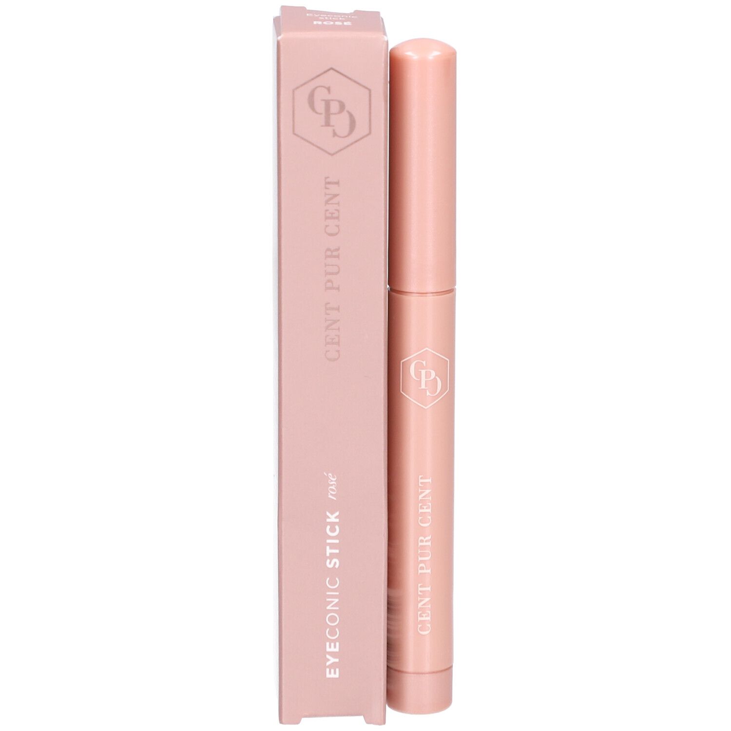 Bâton cosmétique rose et emballage. EYEONIC STICK et CENT PUR CENT sur l'emballage. Logo sur les deux.