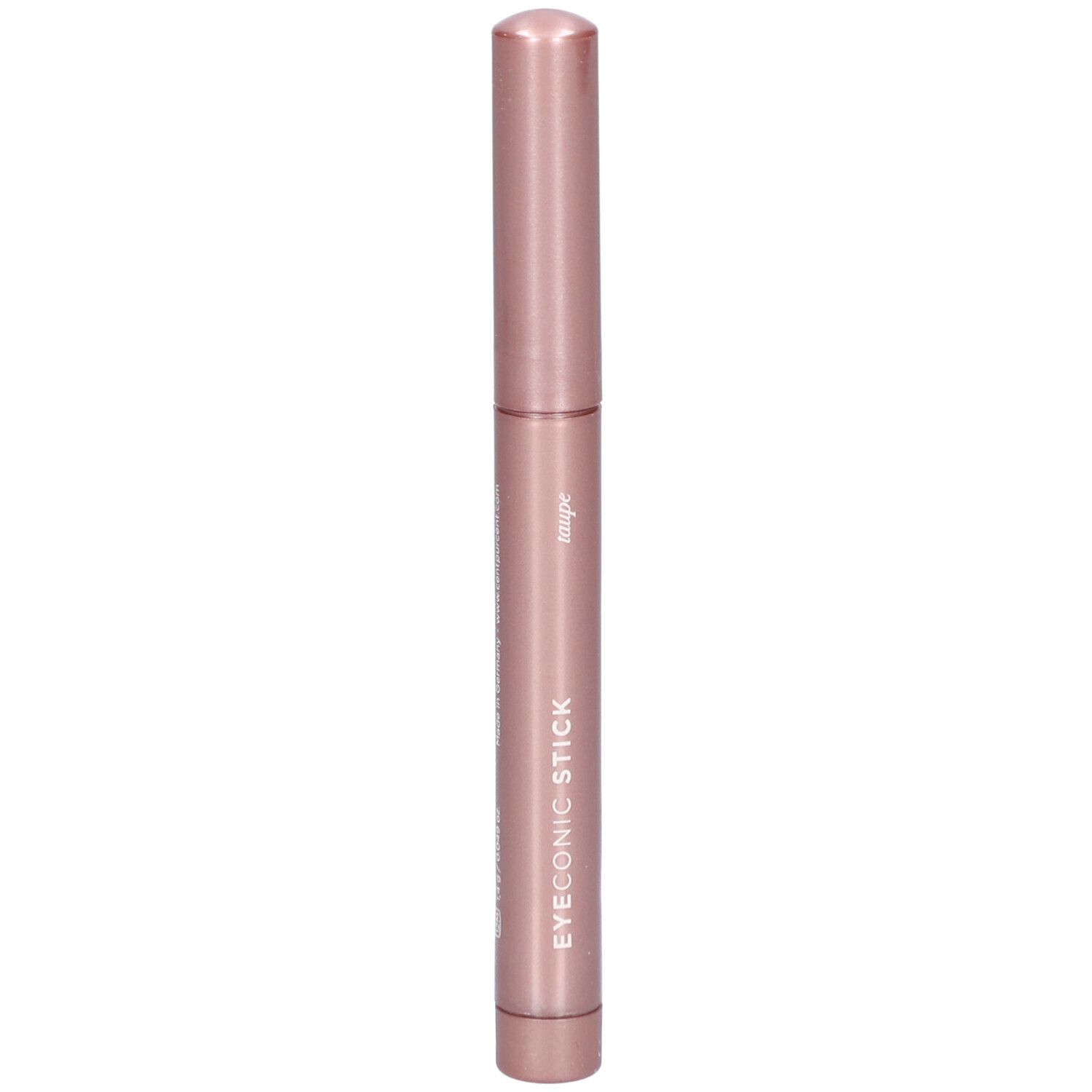 Bâton rose avec texte argenté. Inscription: EYECONIC STICK Taupe.