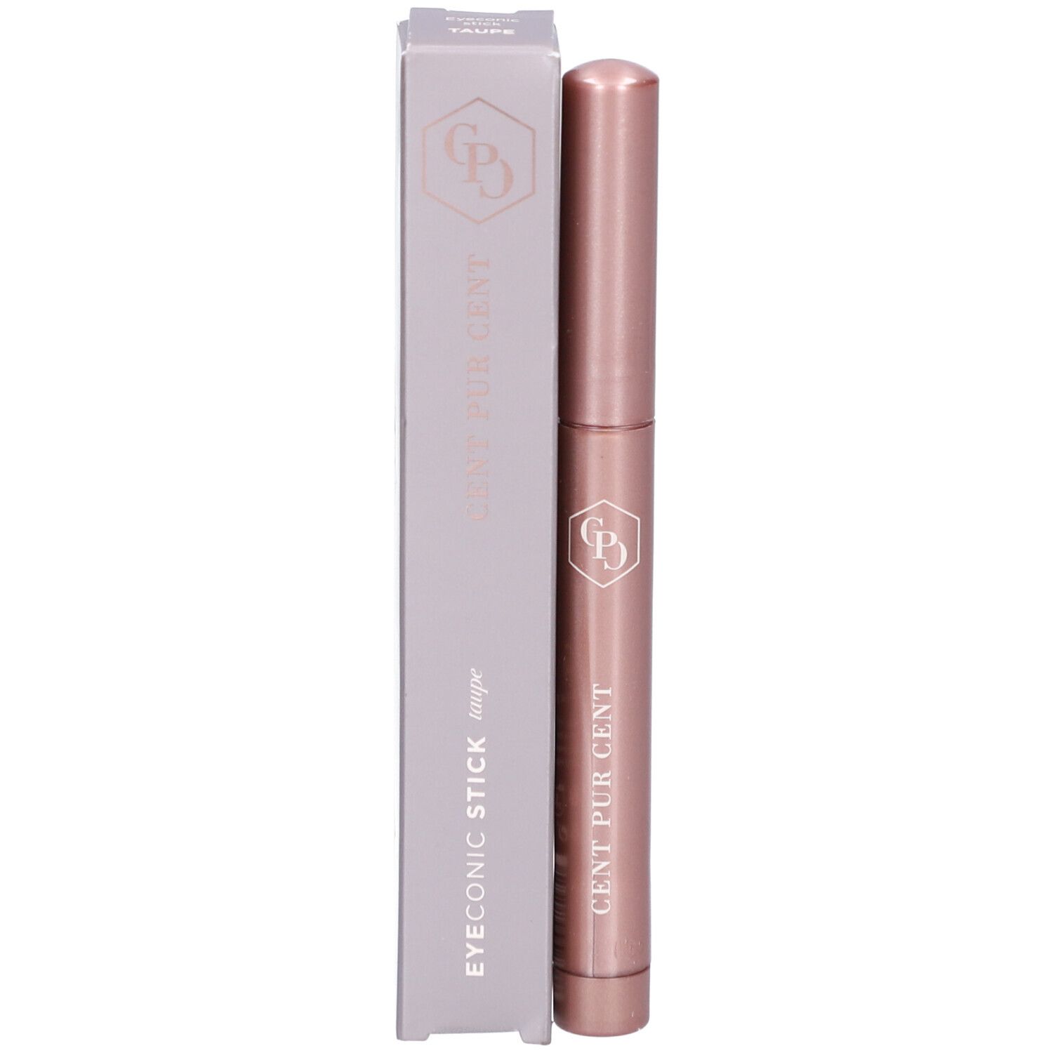 Bâton rose et emballage. Inscription: EYECONIC STICK Taupe, CENT PUR CENT.