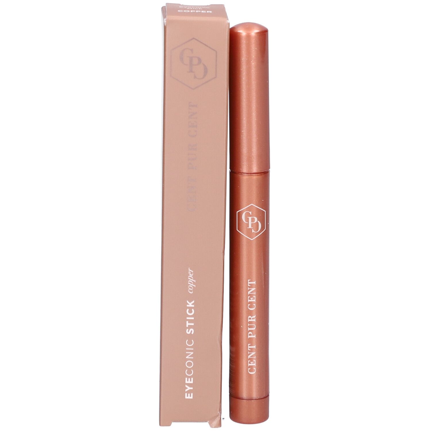 Bâtonnet cuivré et emballage. Inscription: EYEONIC STICK copper, CENT PUR GENT et logo.