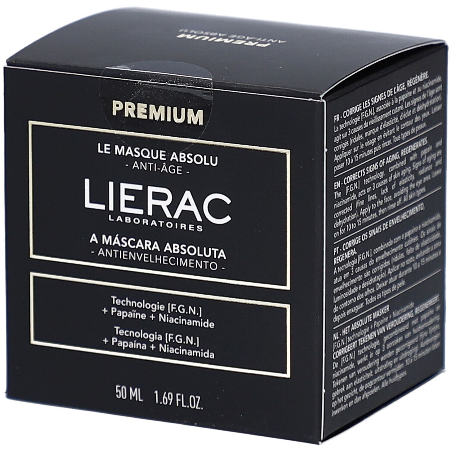 Boîte noire avec informations produit. Inscription: Lierac, Le Masque Absolu Anti-Age. Contient Papain et Niacinamide. 50 ml.