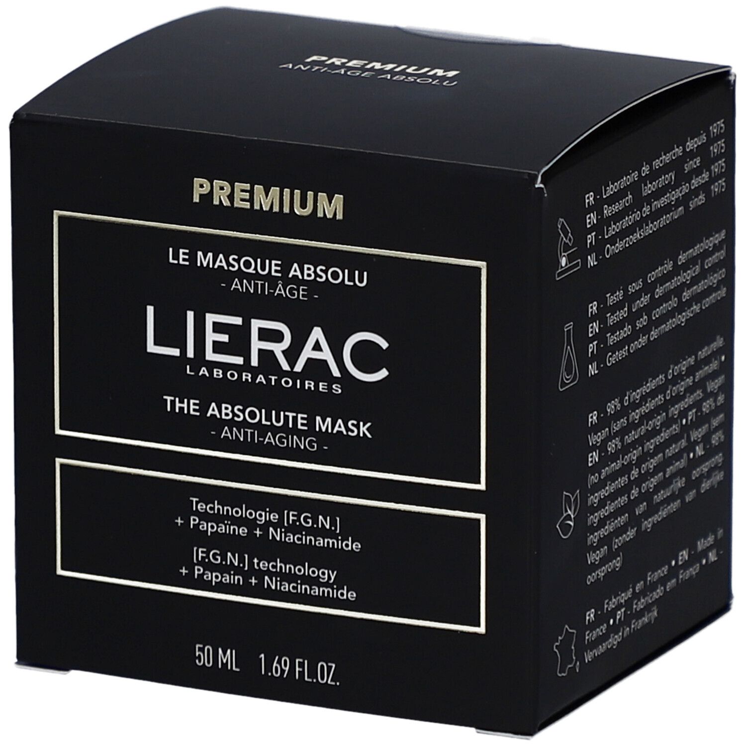Emballage noir avec informations produit. Inscription: Lierac, The Absolute Mask Anti-Aging. Contient Papain et Niacinamide. 50 ml.