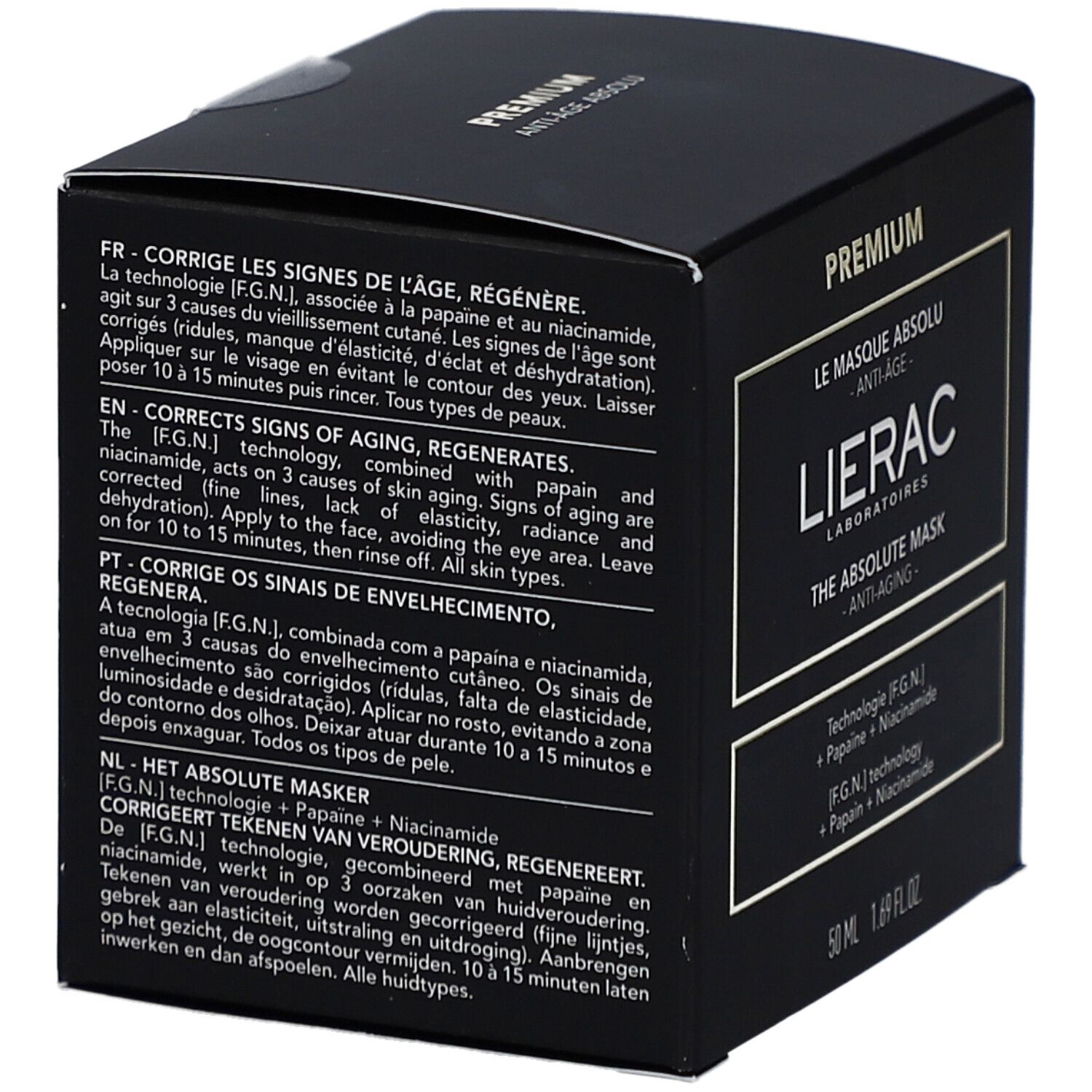 Emballage noir avec informations produit multilingues. Contient Papain et Niacinamide. 50 ml.