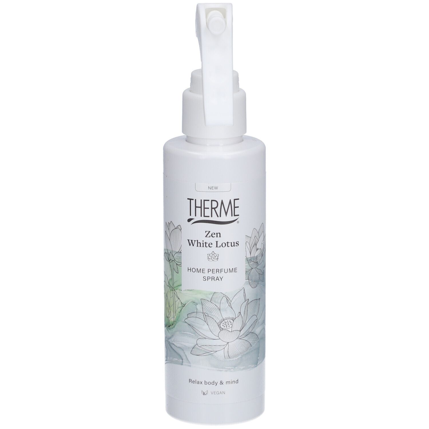 Flacon de parfum blanc avec inscription THERME Zen White Lotus Home Perfume Spray. Design floral et vaporisateur.