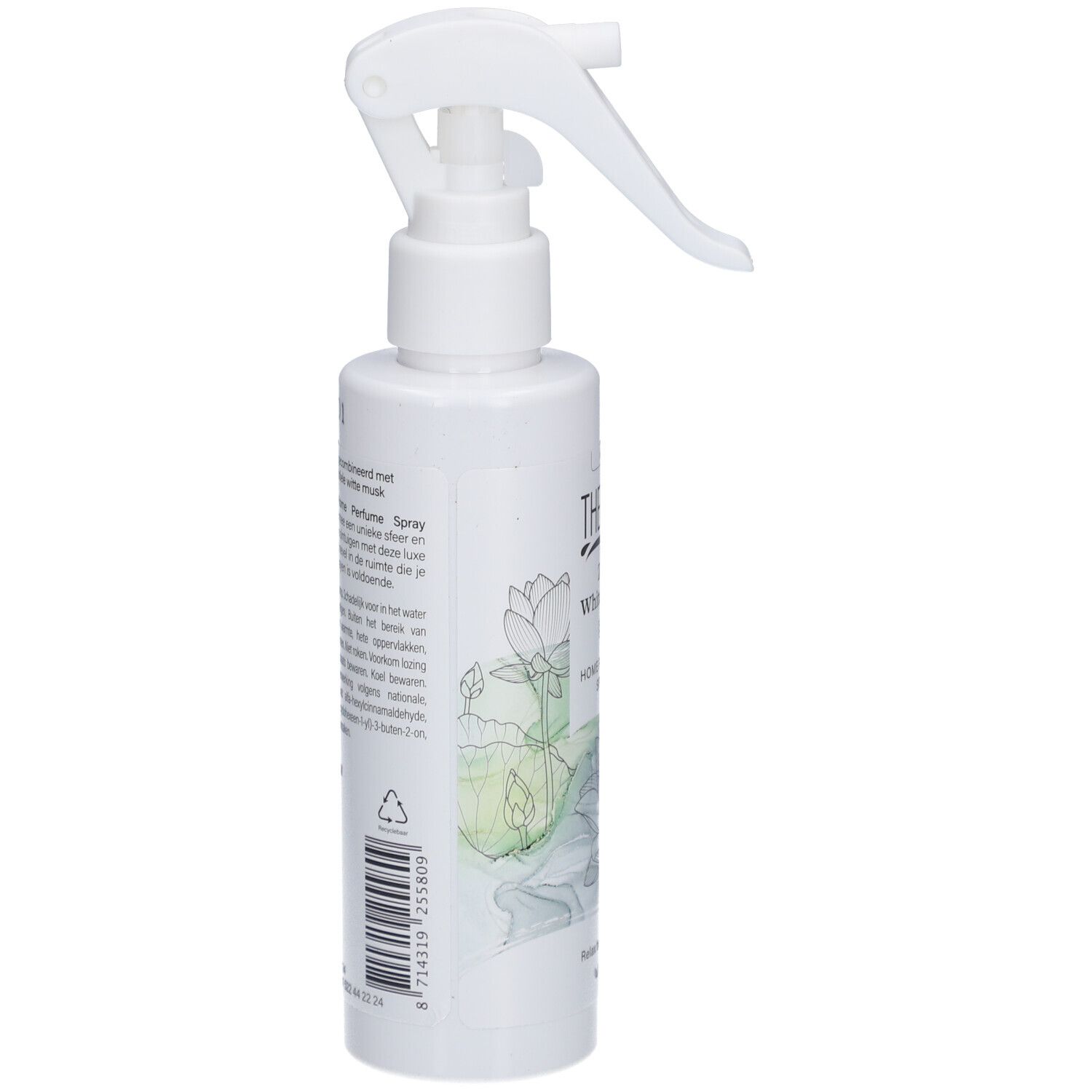 Flacon de parfum blanc, vue latérale. Inscription THERME Zen White Lotus Home Perfume Spray. Design floral et code-barres.