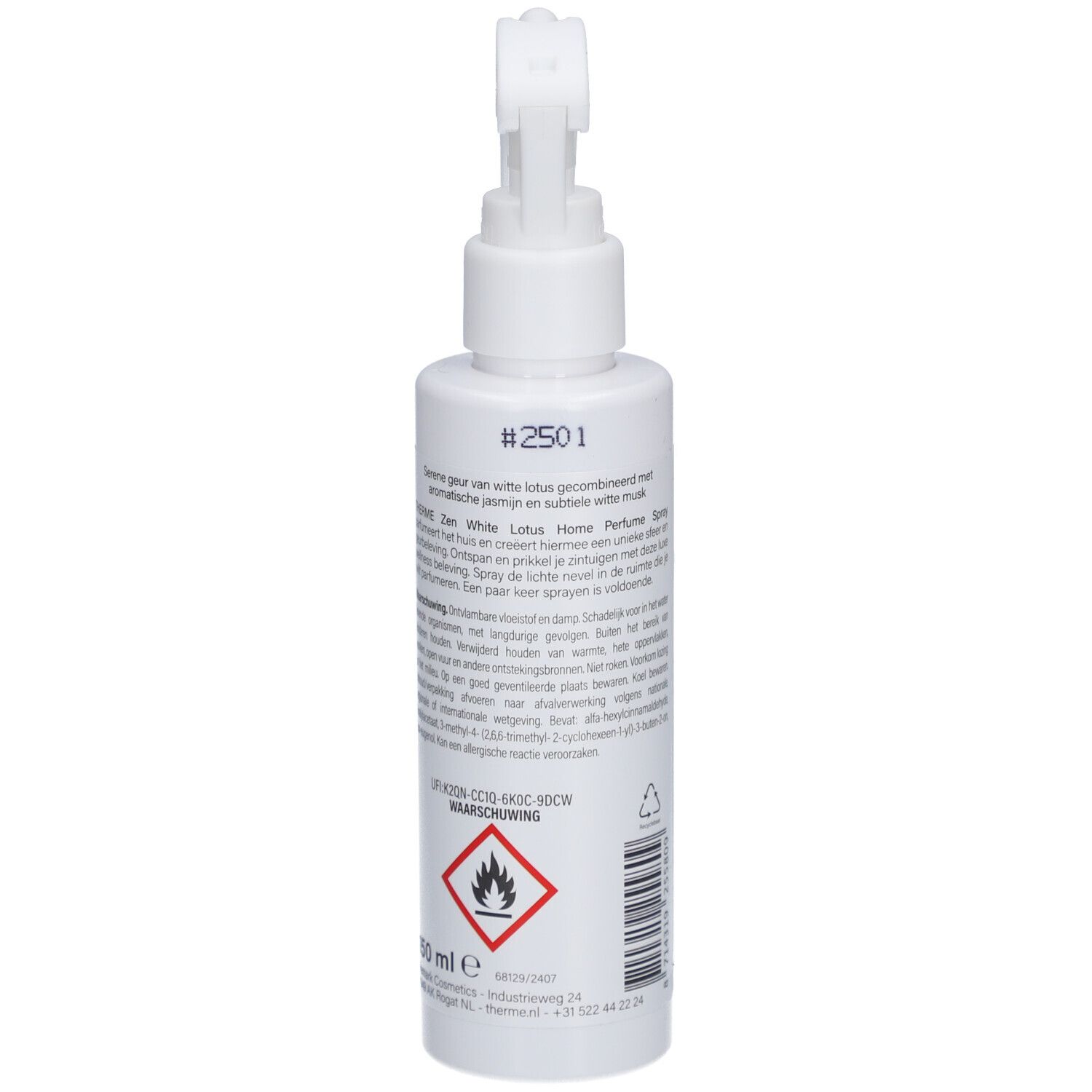Dos du flacon de parfum blanc. Texte avec avertissements et ingrédients. Symbole de danger.