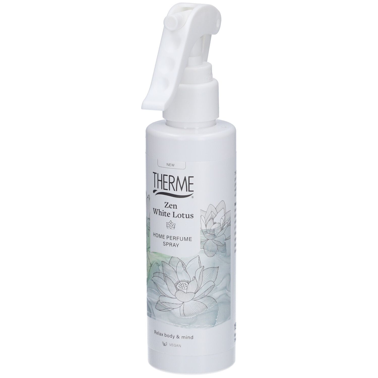 Flacon de parfum blanc avec inscription THERME Zen White Lotus Home Perfume Spray. Design floral et vaporisateur.