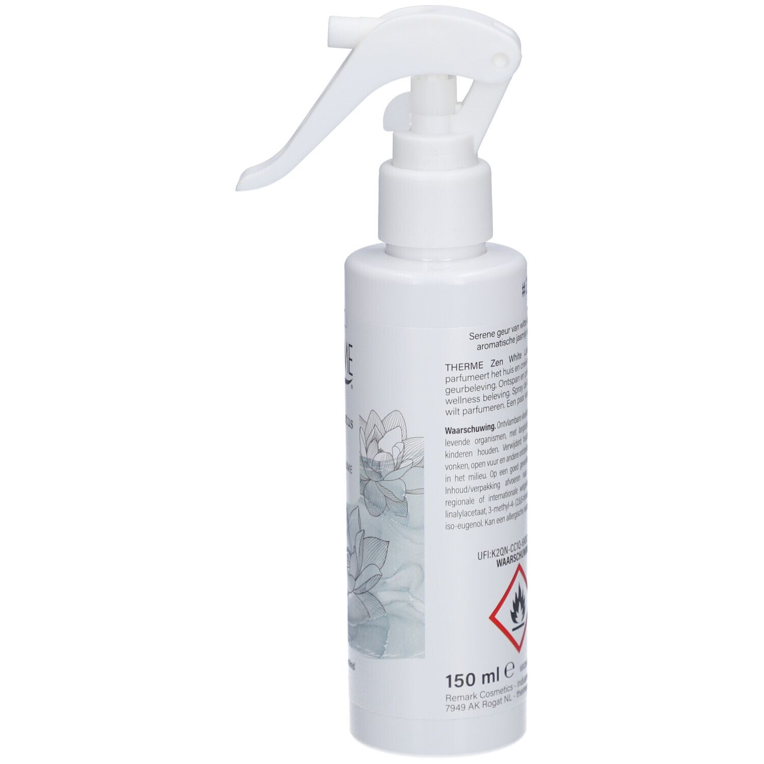 Flacon de parfum blanc, vue latérale. Inscription THERME Zen White Lotus Home Perfume Spray. 150 ml. Symbole de danger.