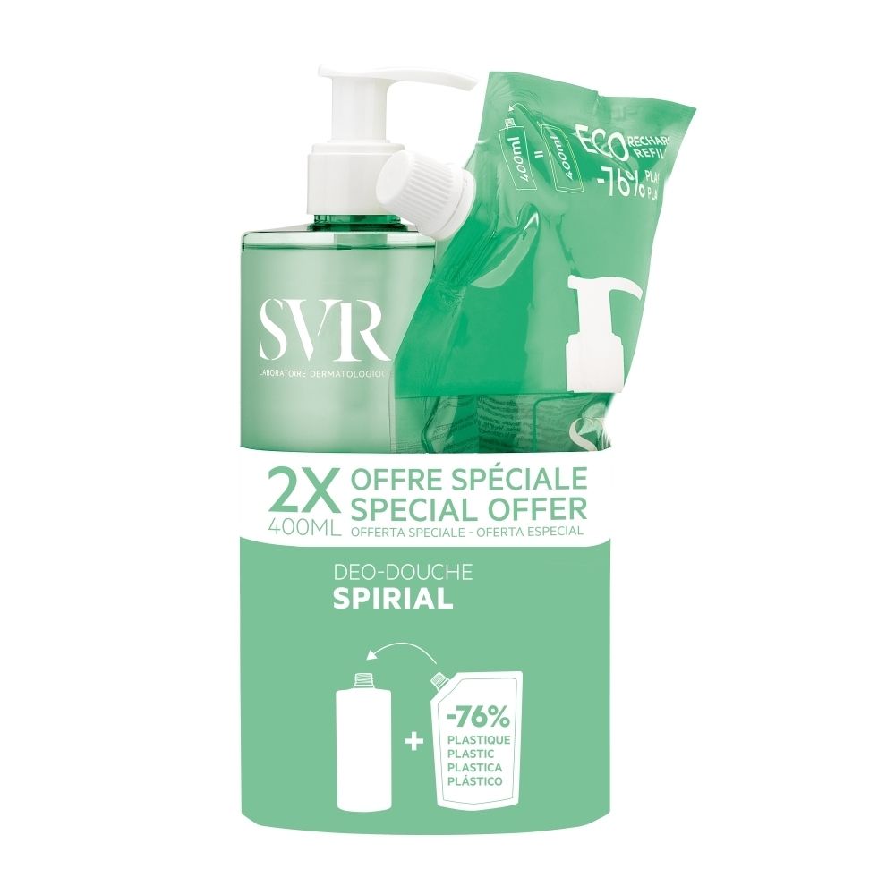 SVR Spirial Deo-Douche avec recharge. Flacon pompe et pochette de recharge. Offre spéciale.