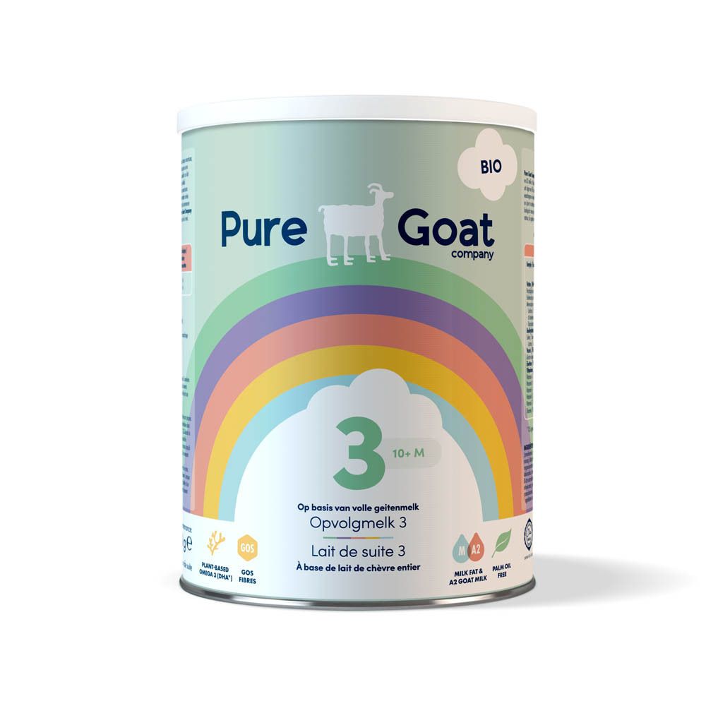 Boîte de lait de suite bio. Marque : Pure Goat Company. Inscription : 3, 10+M. Design arc-en-ciel. Silhouette de chèvre.