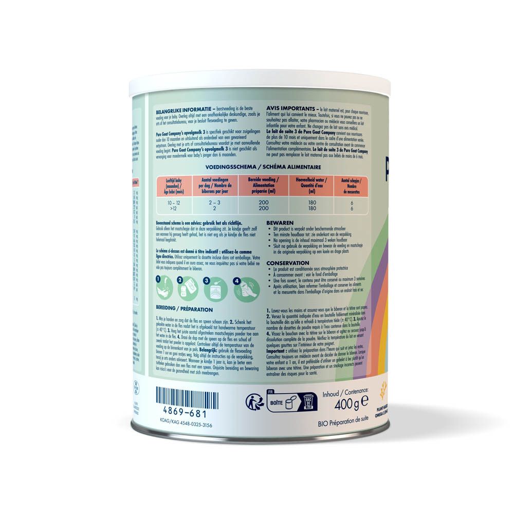 Dos de la boîte de lait de suite bio. Texte : informations nutritionnelles, préparation, conseils. 400g. Label bio.