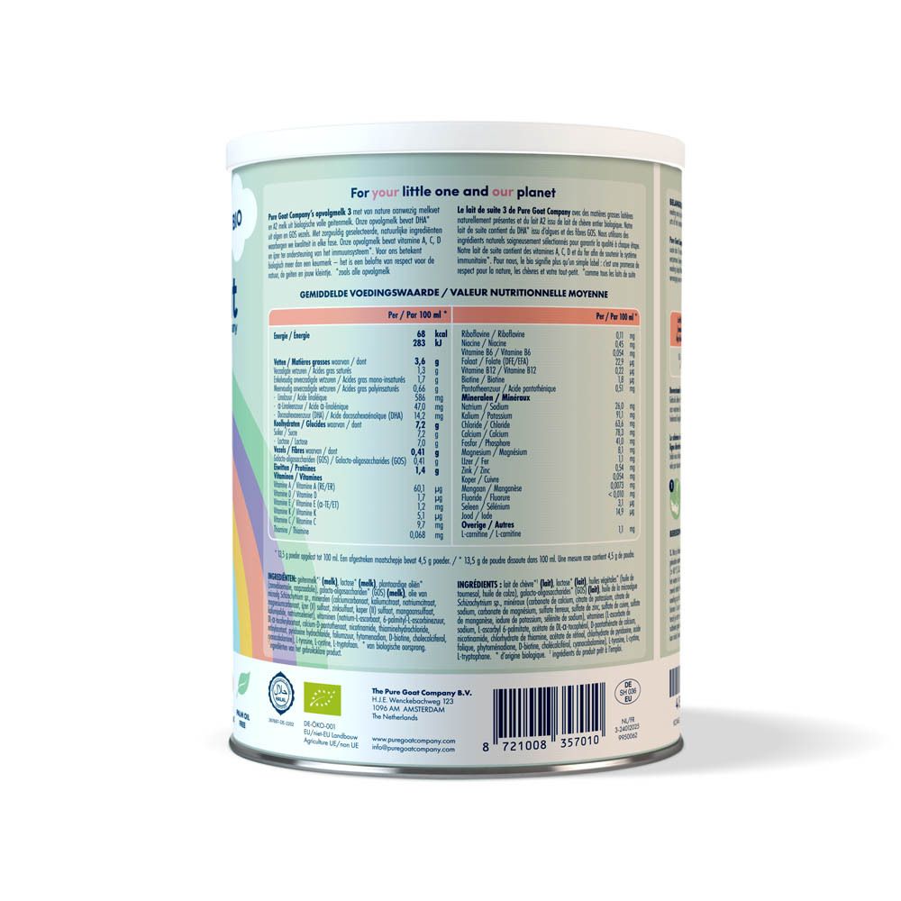 Dos de la boîte de lait de suite bio. Texte : tableau nutritionnel, instructions de préparation. Label bio. 400g.