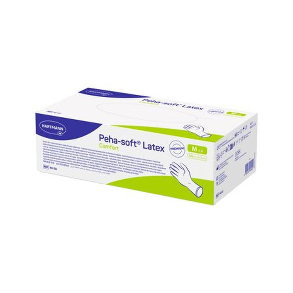 Emballage Hartmann Peha-soft Latex Comfort M. Boîte blanche avec nom du produit, taille M et illustration de gant. Vue en biais.