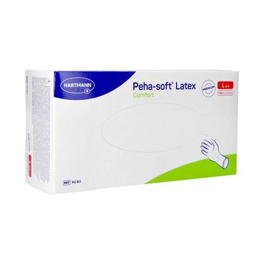 Boîte de gants Hartmann Peha-soft Latex Comfort, taille L. Emballage blanc avec texte bleu.