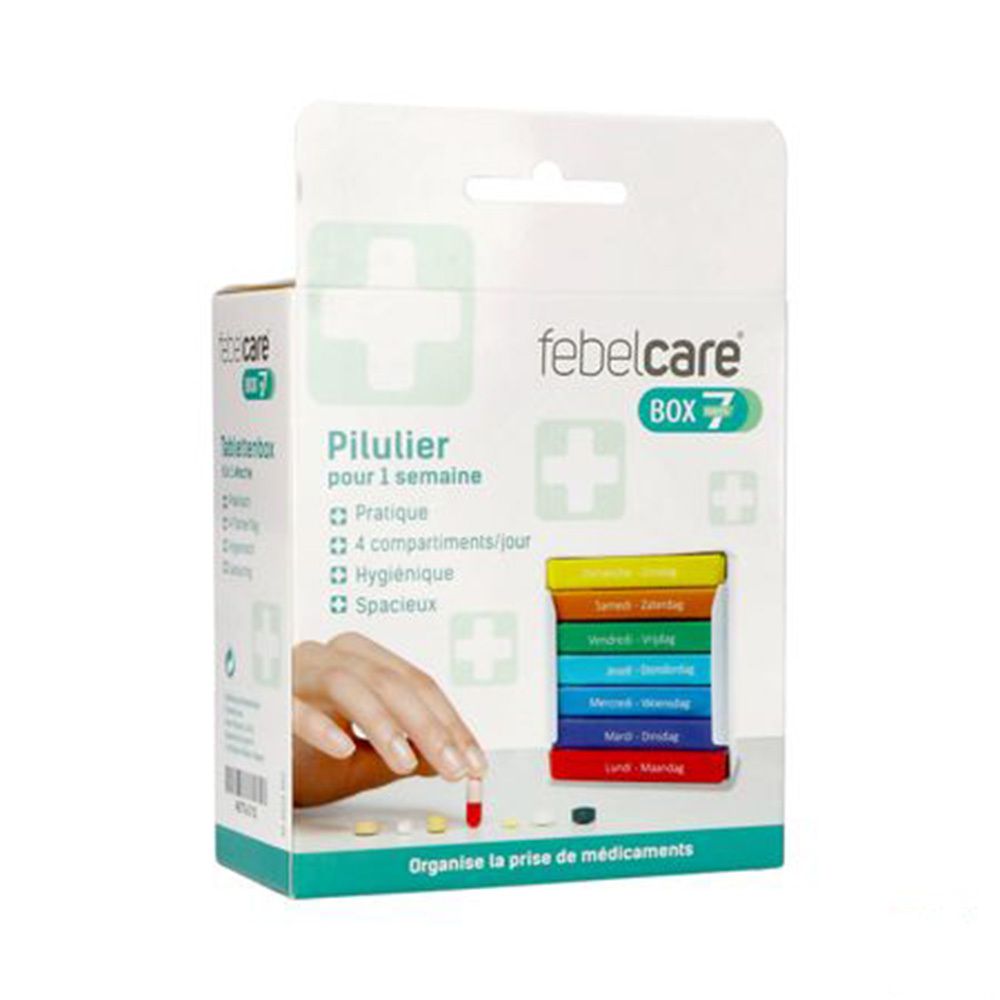 Boîte Febelcare Box 7. Emballage blanc avec pilulier. Main avec pilule. Texte: Pilulier pour 1 semaine.