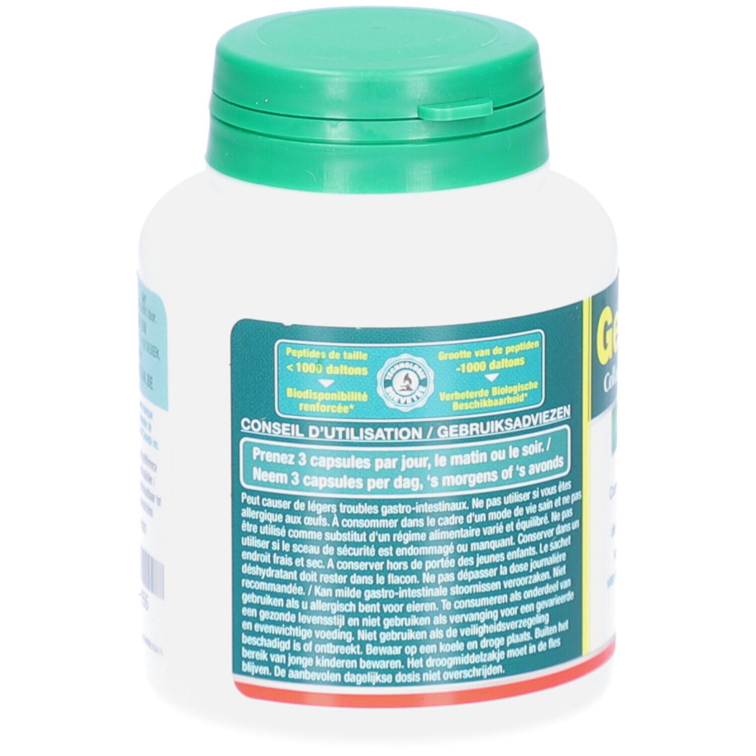 Dos du flacon blanc, bouchon vert. Texte multilingue. Conseils d'utilisation.