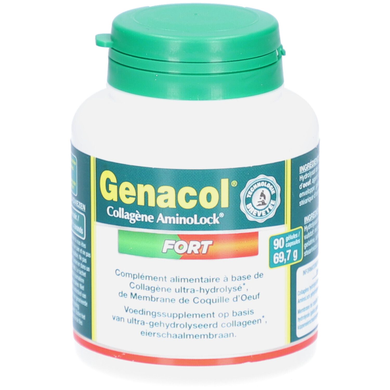 Flacon blanc, bouchon vert. Inscription: Genacol Collagène Aminolock FORT. 90 gélules.
