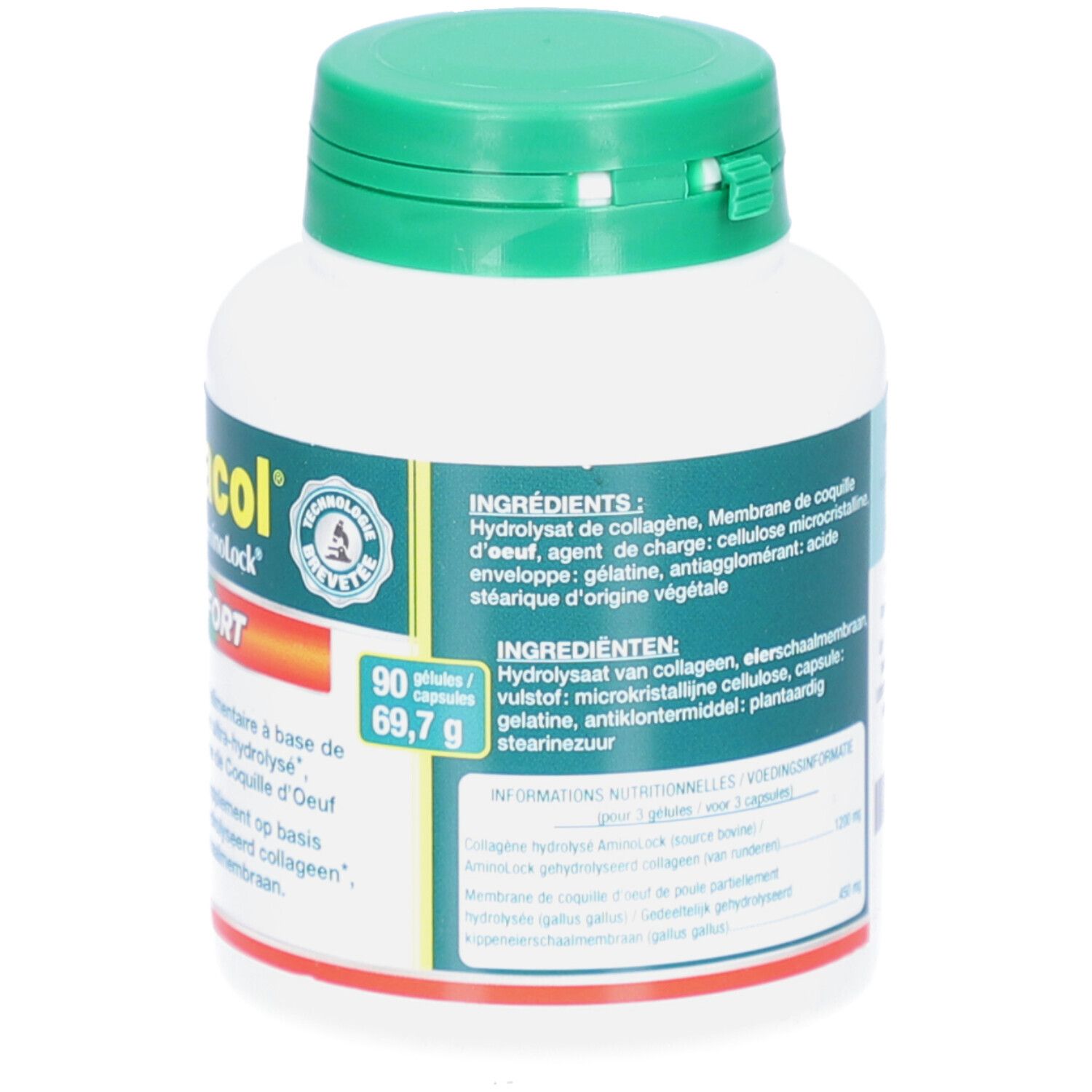 Flacon blanc, bouchon vert. Inscription: Genacol Collagène Aminolock FORT. 90 gélules.