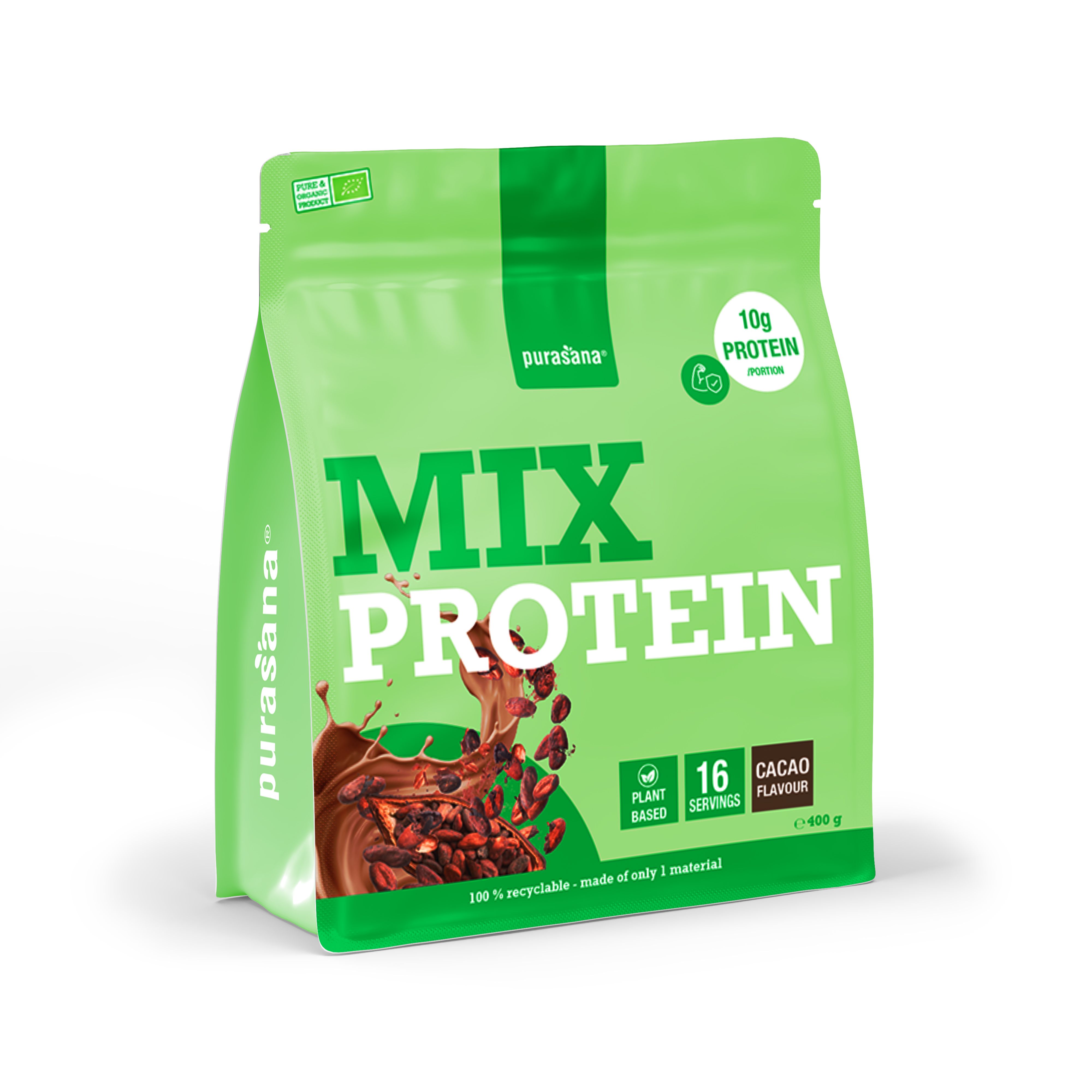 Purasana Vegan Protein Mix Cacao sachet, 400g. Avec illustration de cacao et informations nutritionnelles.