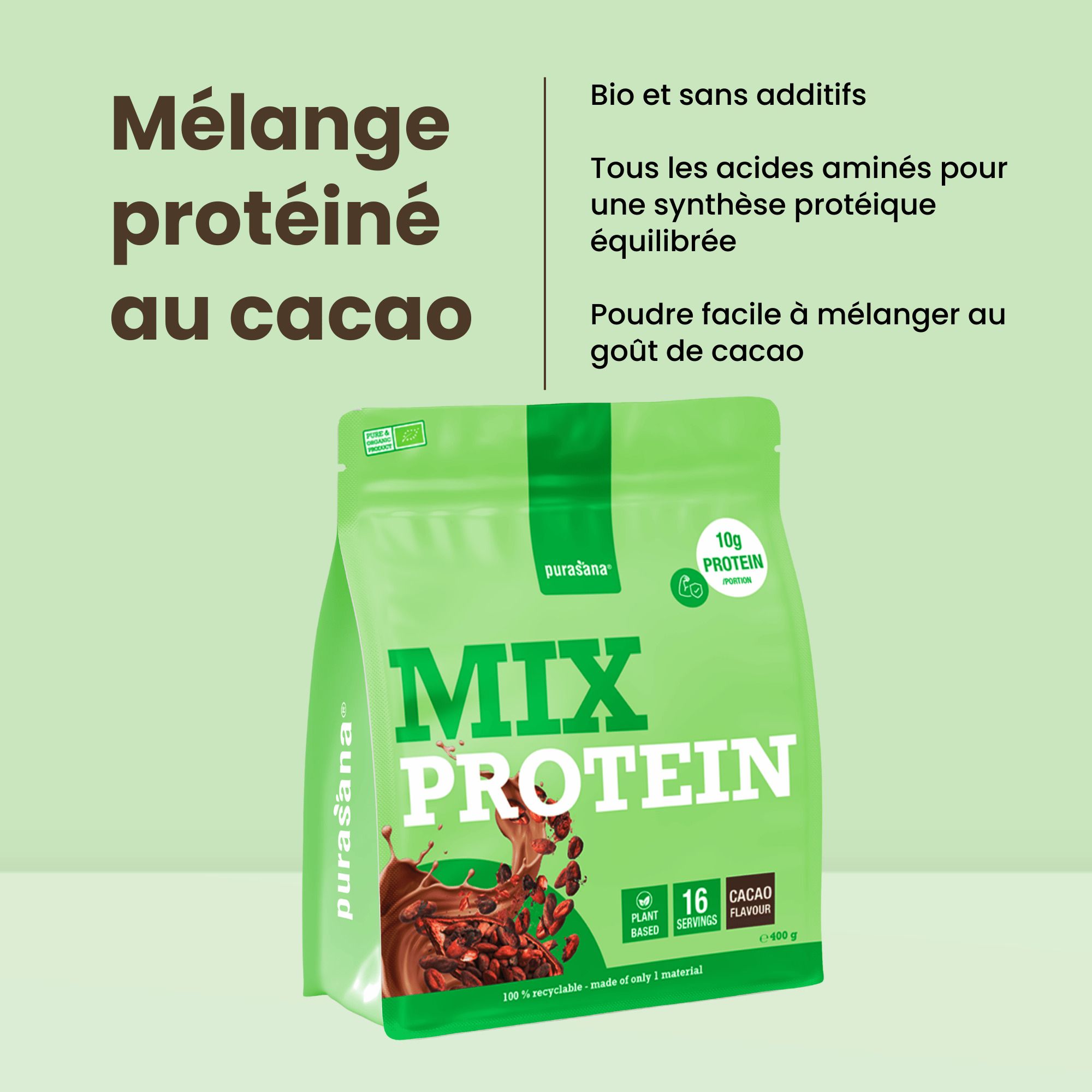 Purasana Vegan Protein Mix Cacao sachet, 400g. Avec illustration de cacao et informations nutritionnelles.