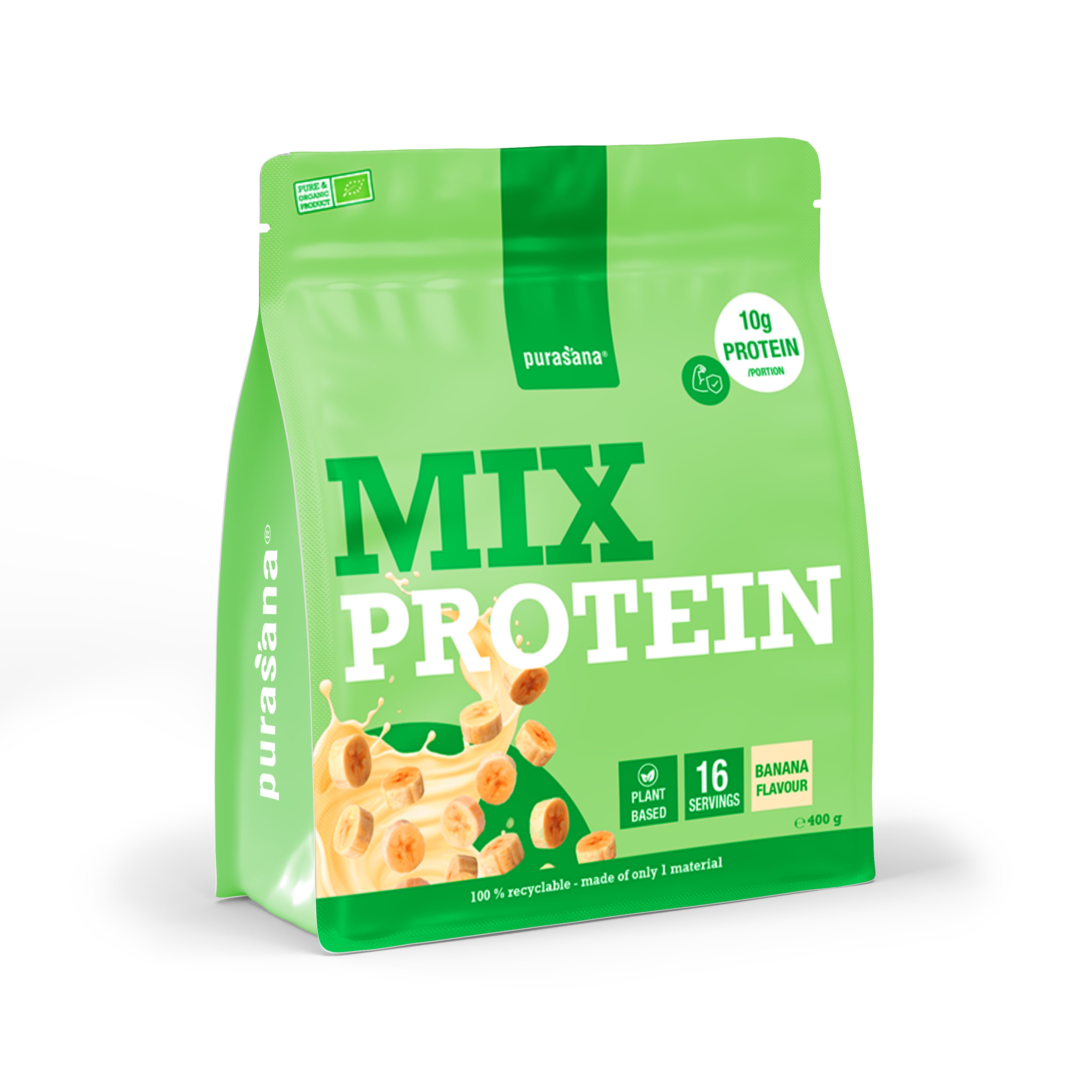 Purasana Mix Protein Banane: emballage avec indications sur la teneur en protéines et le goût banane.
