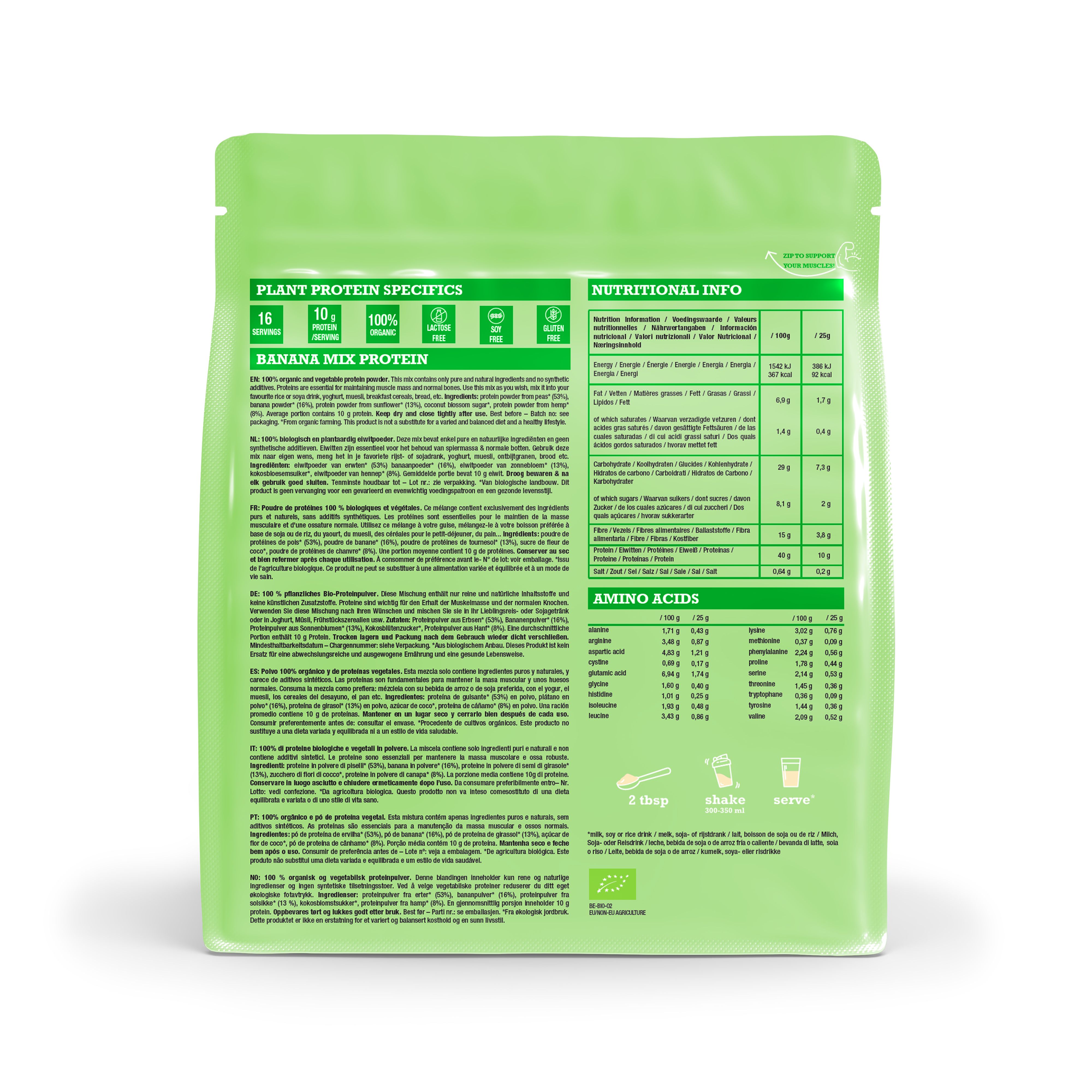 Purasana Mix Protein Banane: emballage avec indications sur la teneur en protéines et le goût banane.