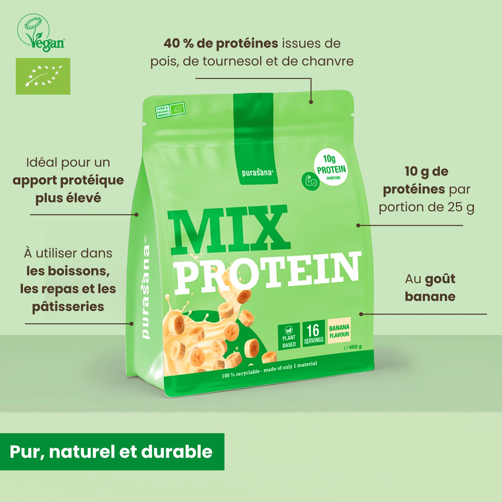 Purasana Mix Protein Banane: emballage avec indications sur la teneur en protéines et le goût banane.