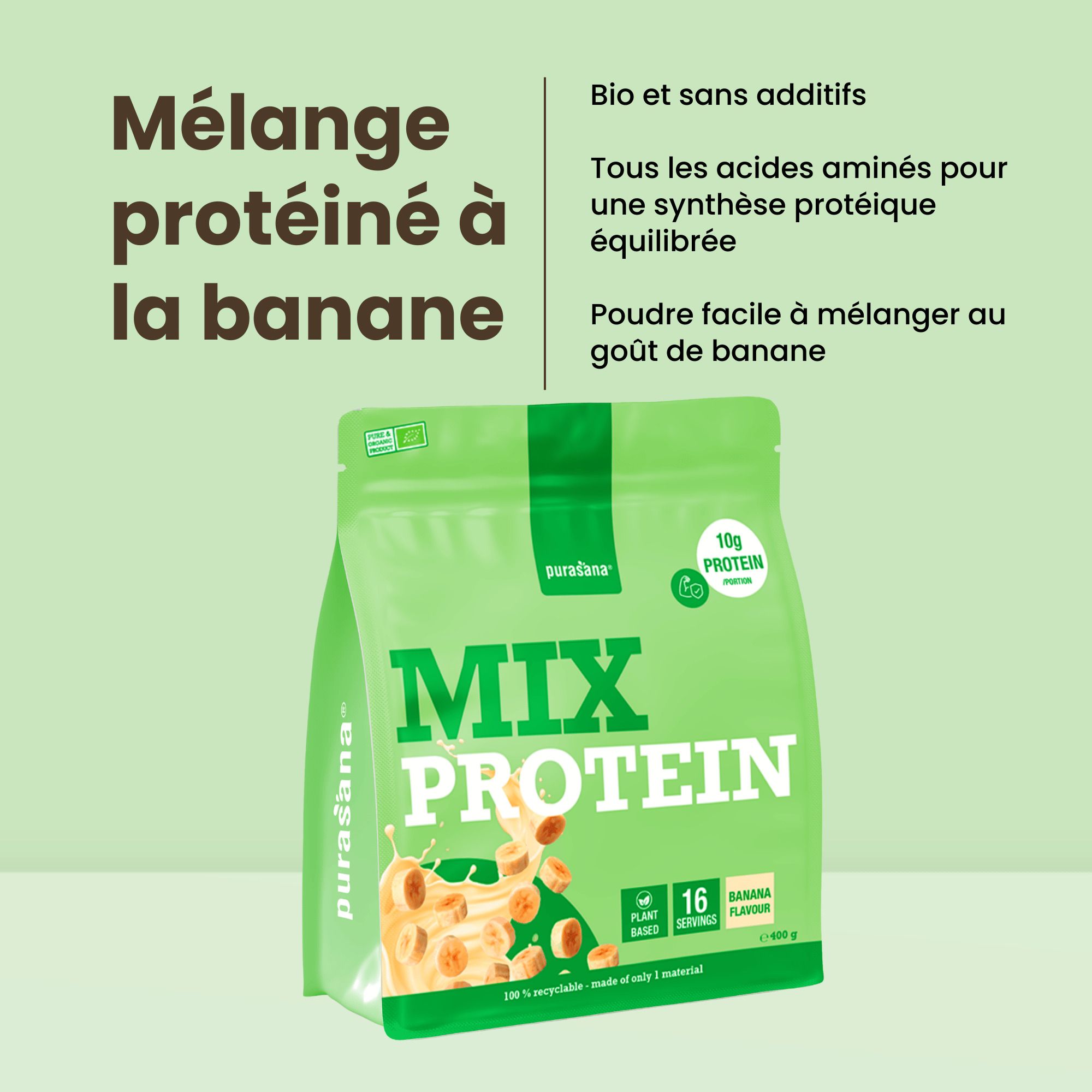 Purasana Mix Protein Banane: emballage avec indications sur la teneur en protéines et le goût banane.