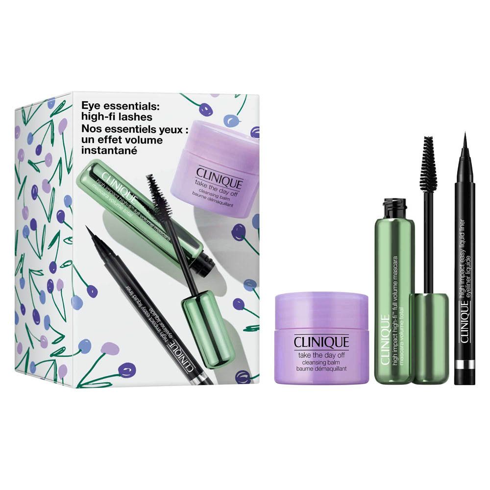 Coffret Clinique Eye Essentials avec mascara, eye-liner et baume démaquillant.