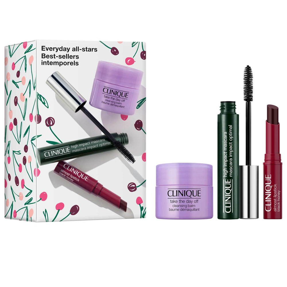Coffret de cosmétiques Clinique avec mascara, rouge à lèvres et crème pour les yeux.