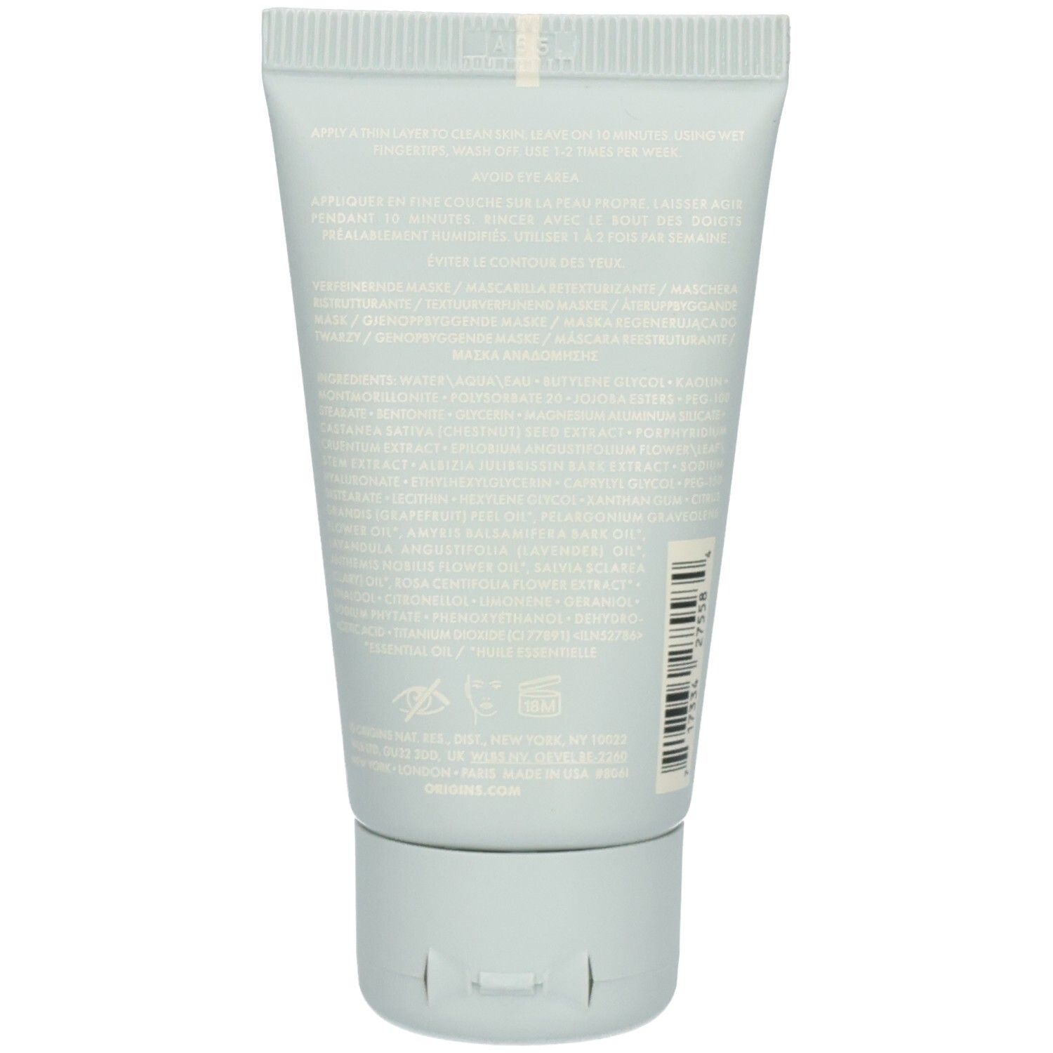Arrière du tube de masque Origins Original Skin™ Retexturizing avec ingrédients et code-barres.