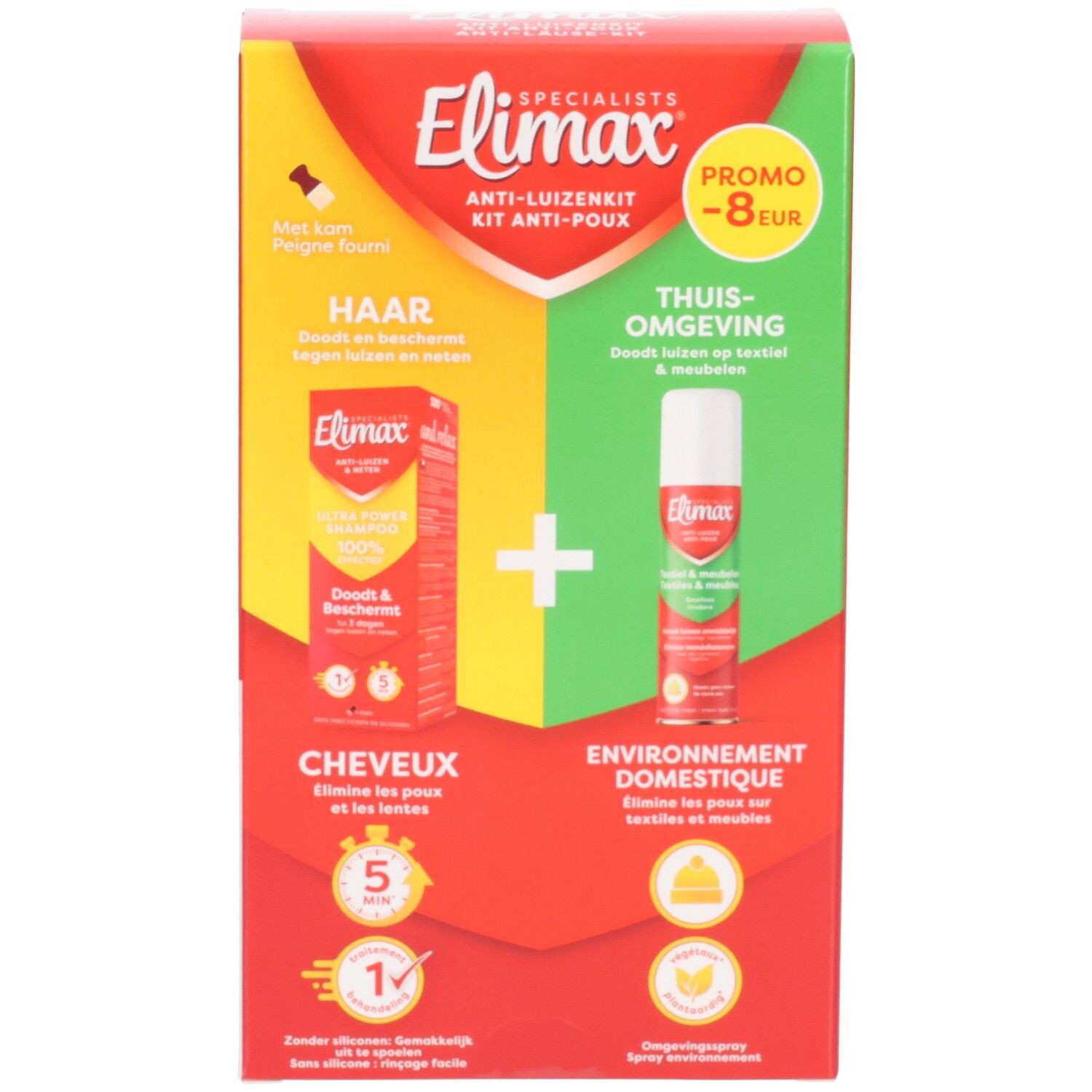 Elimax Kit Anti-poux : Shampoo pour cheveux et spray pour l'environnement domestique.
