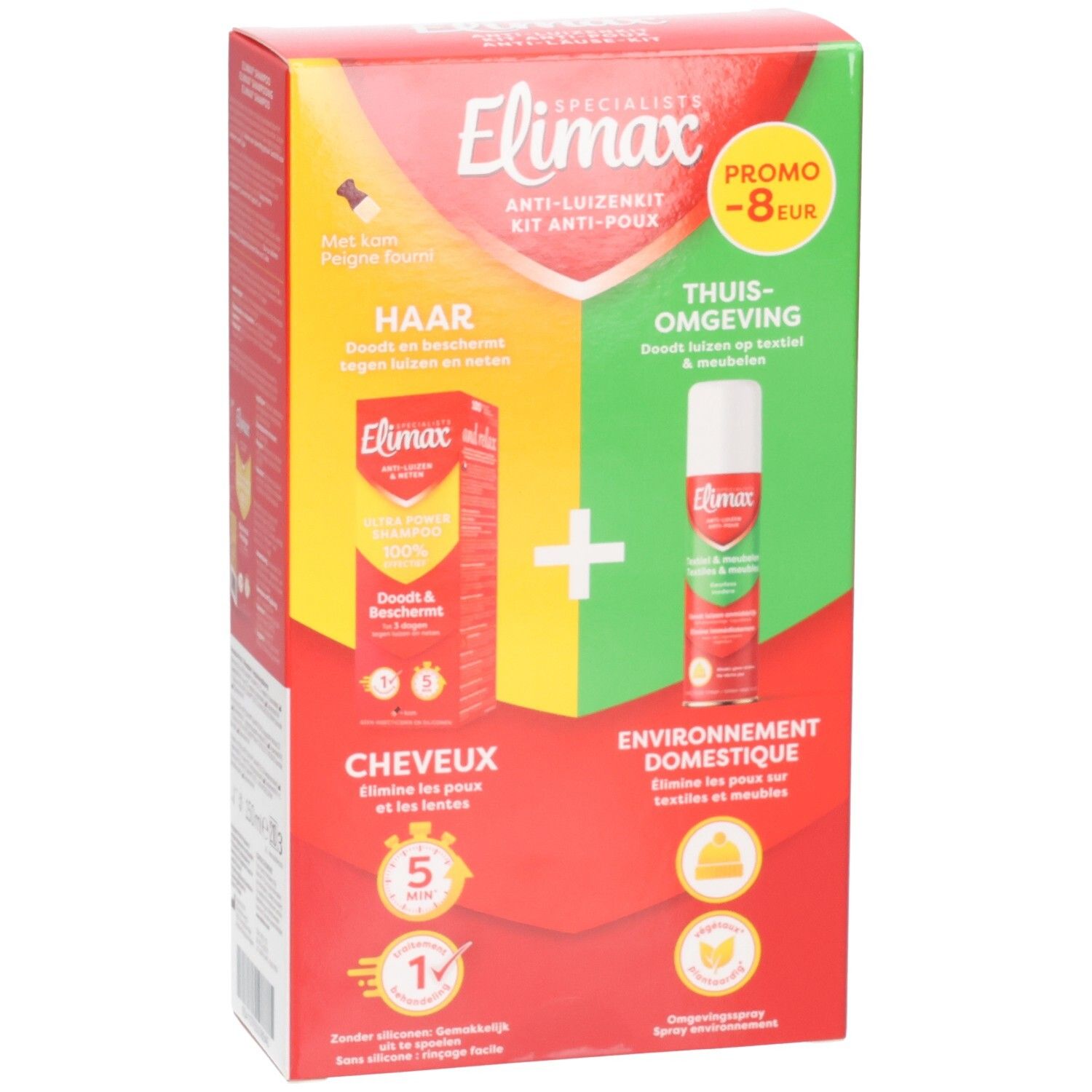 Elimax Kit Anti-poux : Shampoo pour cheveux et spray pour l'environnement domestique.