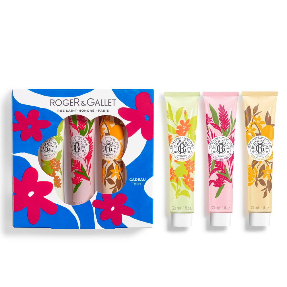 Coffret cadeau avec trois crèmes pour les mains et tubes séparés. Boîte bleue à motifs floraux. Logo Roger & Gallet.