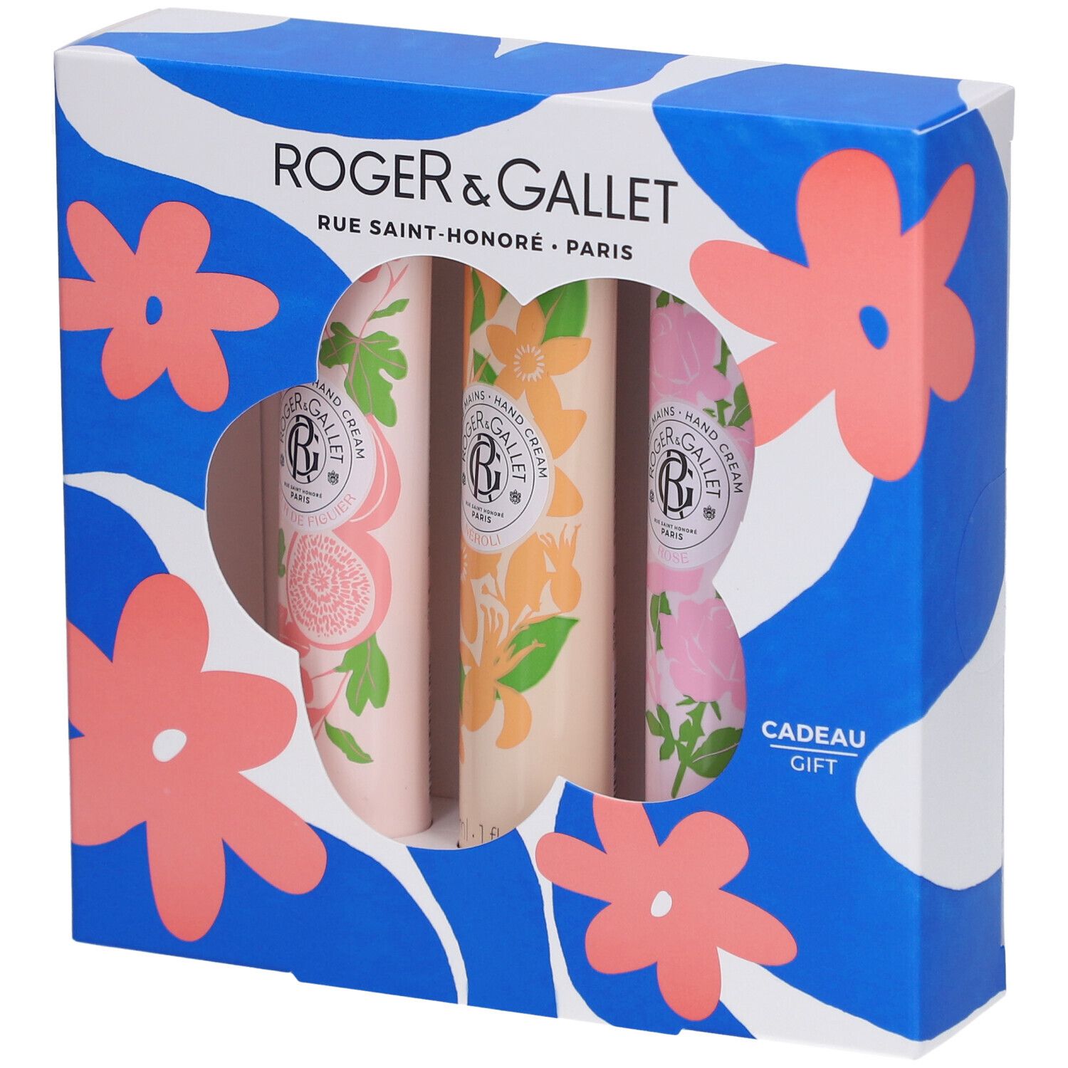 Coffret cadeau de trois crèmes pour les mains. Emballage bleu à motifs floraux et fenêtre. Marque Roger & Gallet.