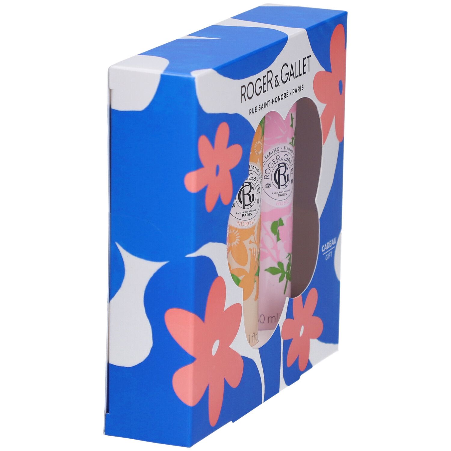 Coffret cadeau de trois crèmes pour les mains. Emballage bleu à motifs floraux. Marque Roger & Gallet.