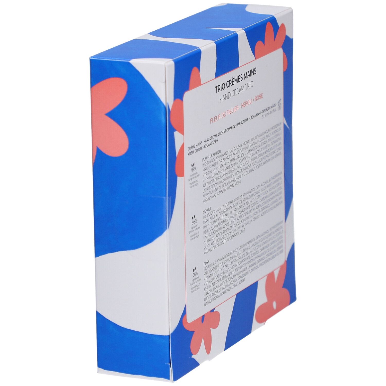 Côté du coffret cadeau avec détails. Emballage bleu à motifs floraux.