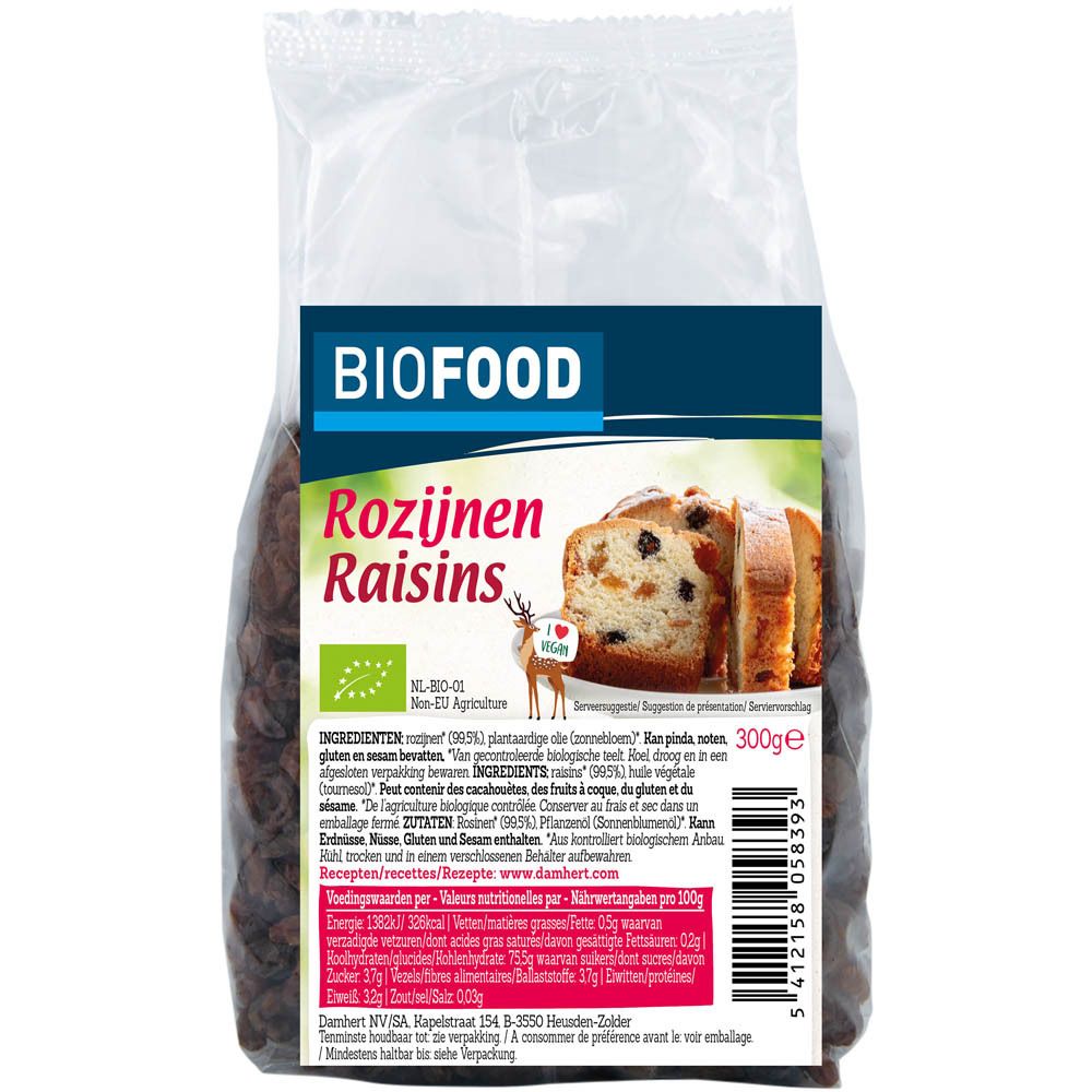 Raisins secs Biofood en sachet transparent. Étiquette avec nom du produit, logo et image de gâteau. Label bio.