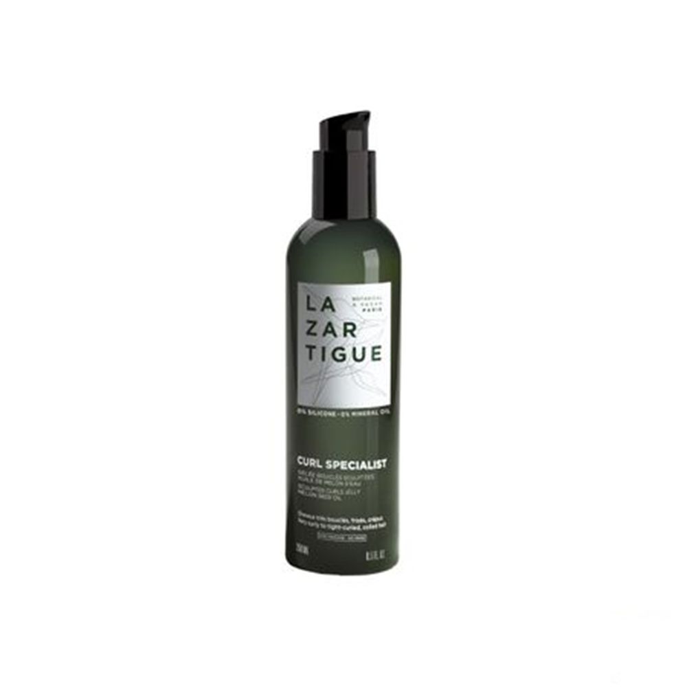 Lazartigue Curl Specialist. Flacon noir avec pompe. Étiquette produit avec texte. 0% silicone, 0% huile minérale.