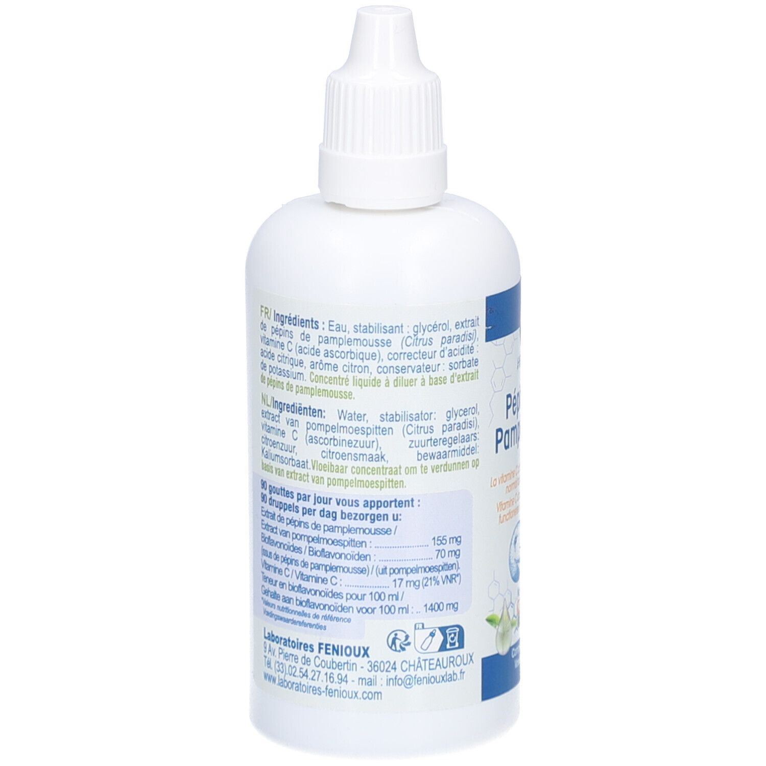 Dos du flacon blanc. Contient des informations sur les ingrédients et le dosage. Logo et coordonnées de Laboratoires Fenioux.