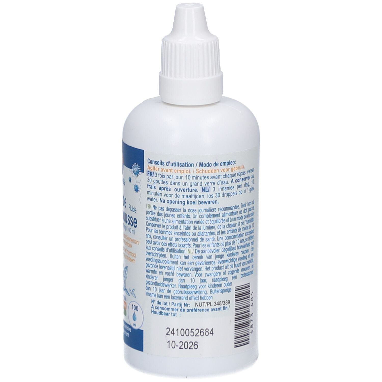 Dos du flacon blanc. Contient des informations d'utilisation et des avertissements. Logo Laboratoires Fenioux et numéro de lot.