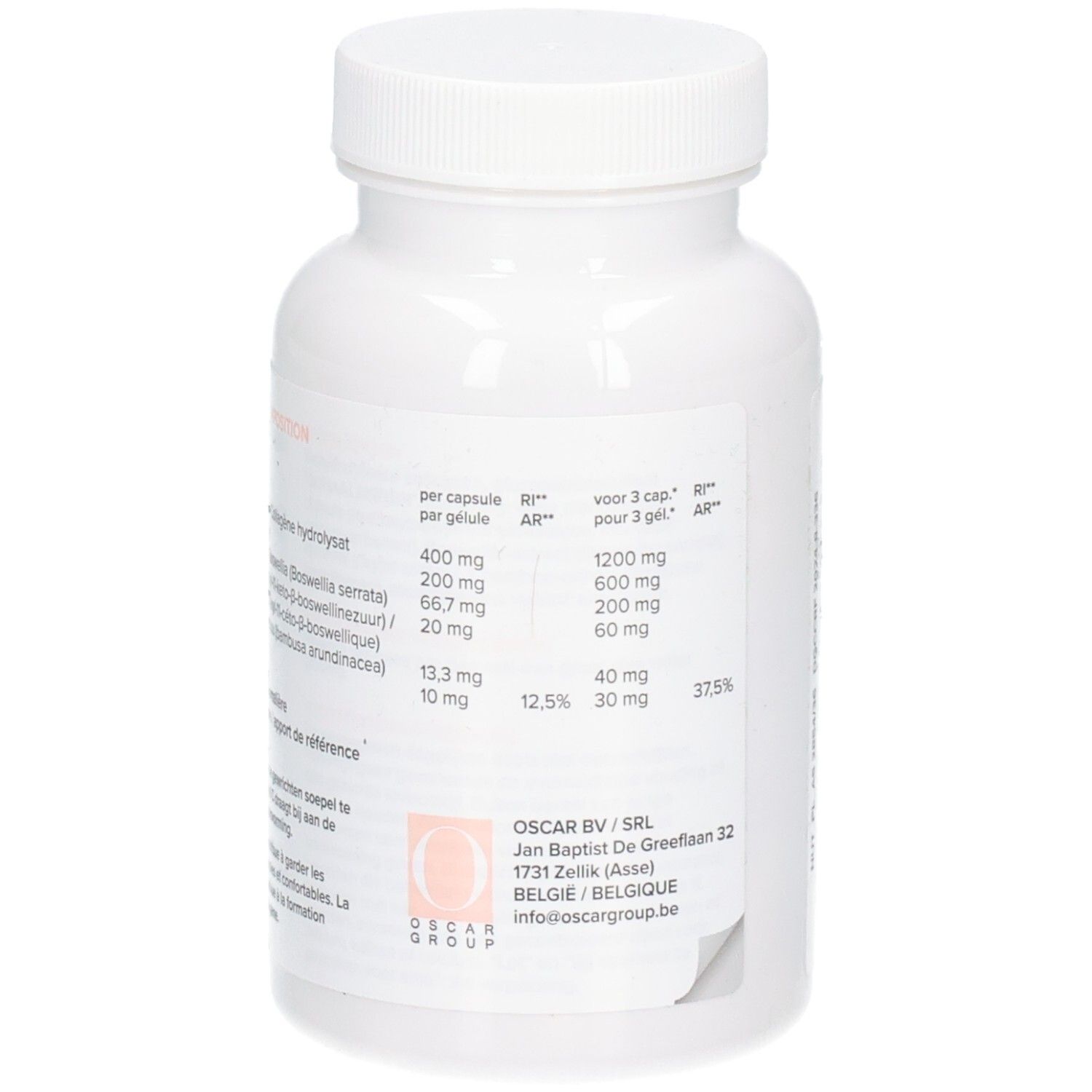 Arrière d'un flacon blanc avec informations nutritionnelles détaillées et coordonnées du fabricant.