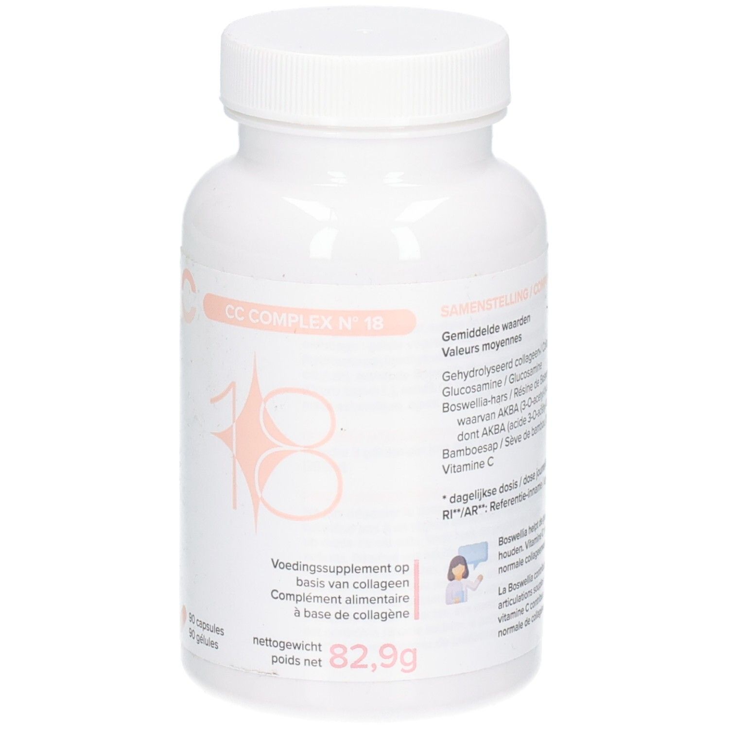 Flacon blanc avec étiquette orange indiquant 'CC COMPLEX N°18' et des informations nutritionnelles.