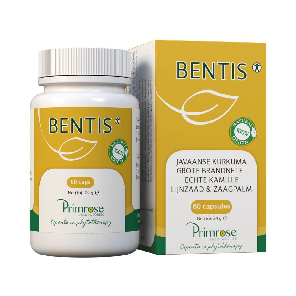 Emballage du produit avec flacon et boîte. Inscription BENTIS, 60 gélules, Primrose Laboratories. Produit naturel.