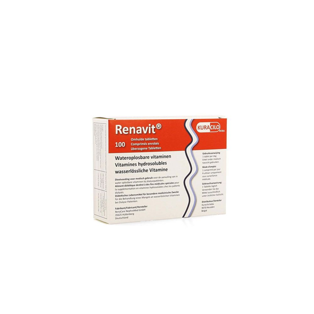 Boîte de comprimés Renavit®. Inscription: 100 comprimés, vitamines hydrosolubles. Marque: Kuracilo.