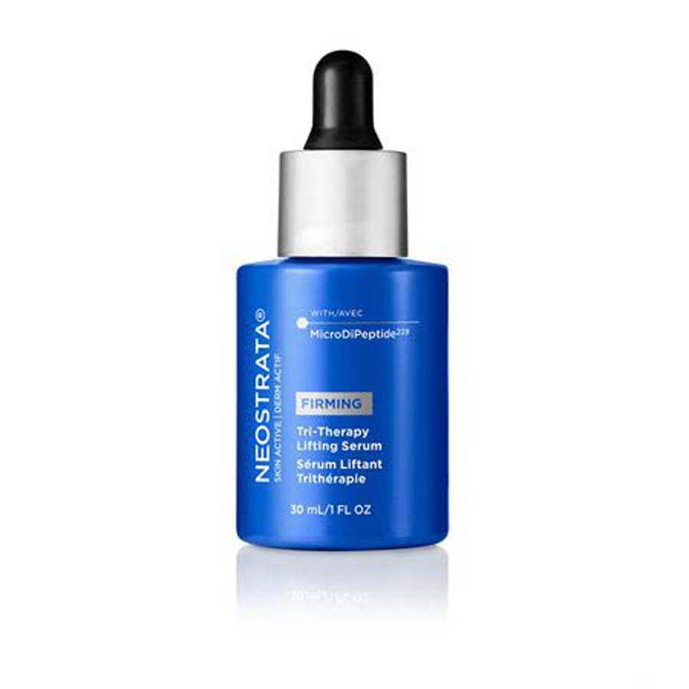Flacon bleu avec pipette noire. Inscription : Neostrata, Skin Active, Derm Actif. Nom du produit : Tri-Therapy Lifting Serum.